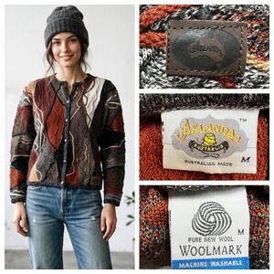 Aklanda Australia 3D Knit Wool Cardigan Sweater Coogi Style Brown 90s Vtg